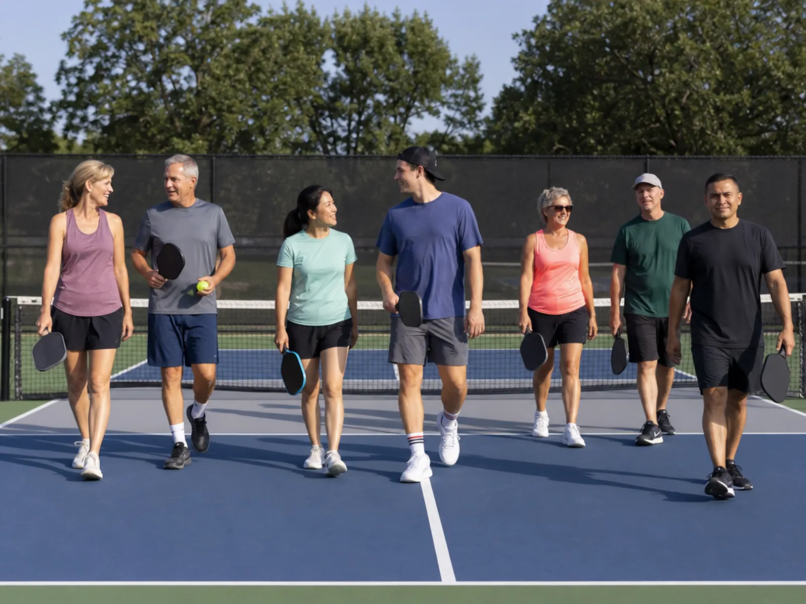 A club group walking off the court together with paddles in hand