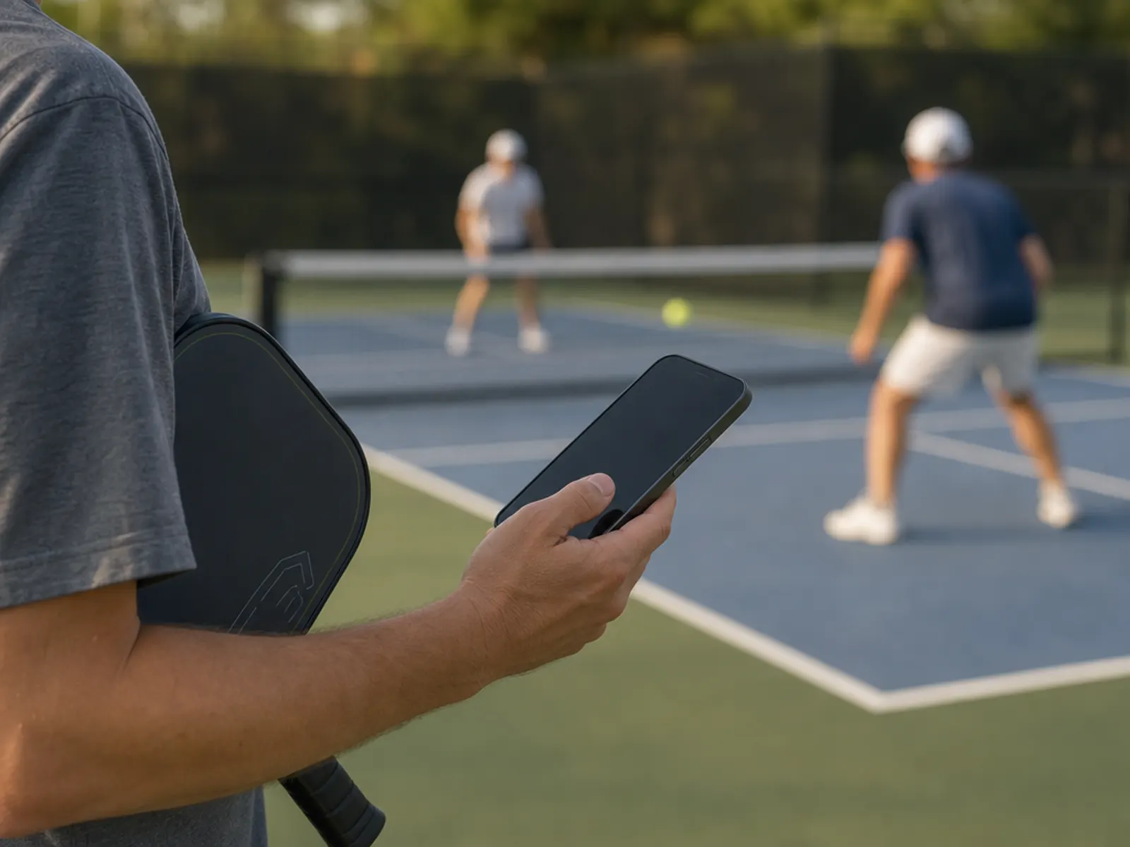 A spectator following a live match score on their phone courtside