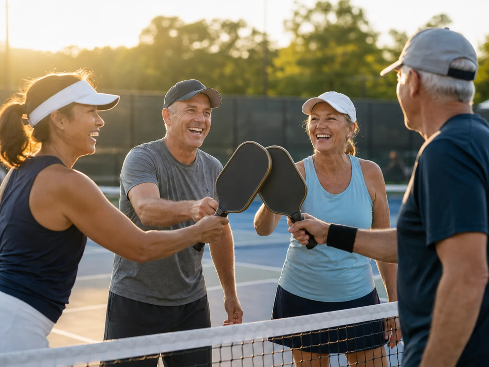 Four players tapping paddles over the net after a rally