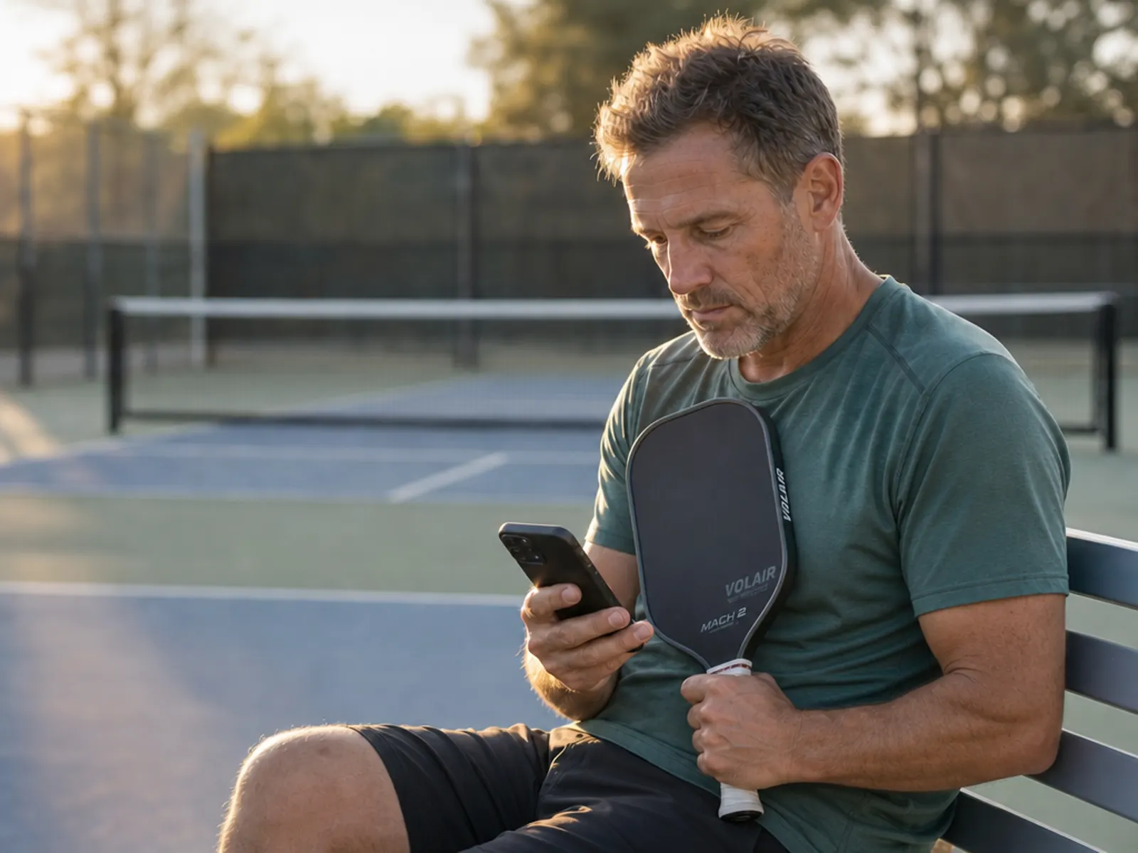 A player checking their phone between games, paddle in hand