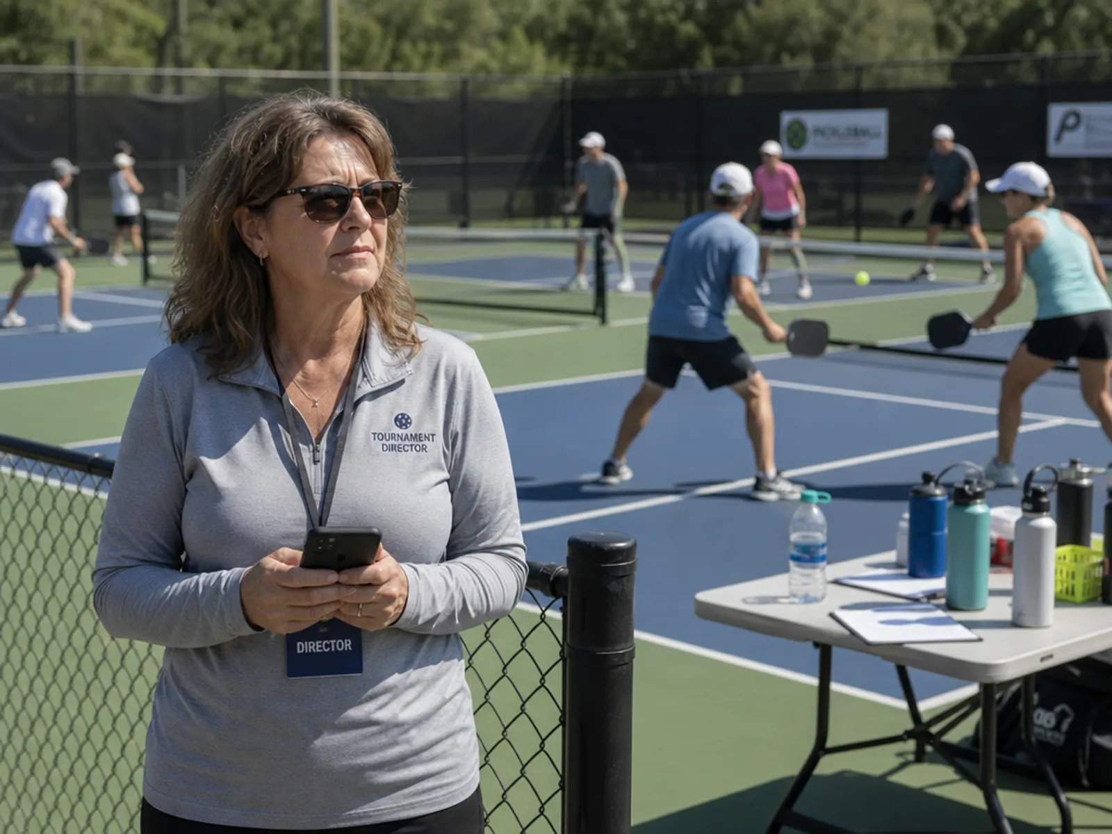 A tournament director with a phone beside busy courts