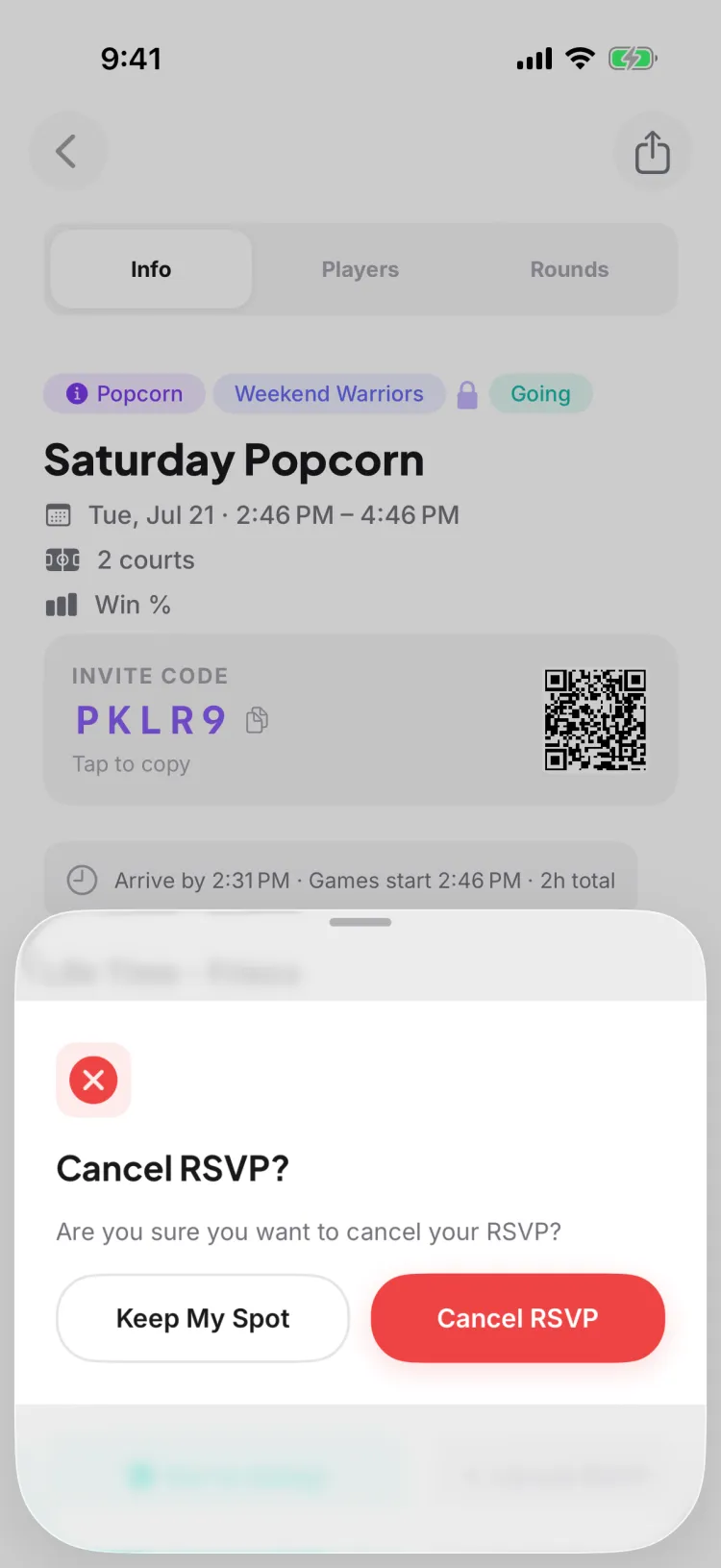 The Cancel RSVP? confirmation sheet on a game detail — a red warning icon, 'Are you sure you want to cancel your RSVP?', a Keep My Spot button to stay in, and a red Cancel RSVP button to give up your place