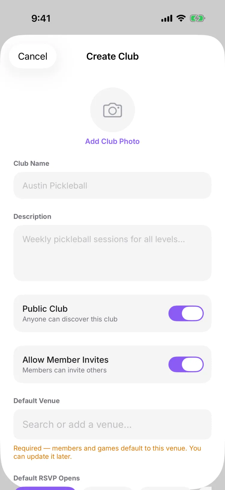 The Create Club form: name, cover photo, public/private toggle, and default venue