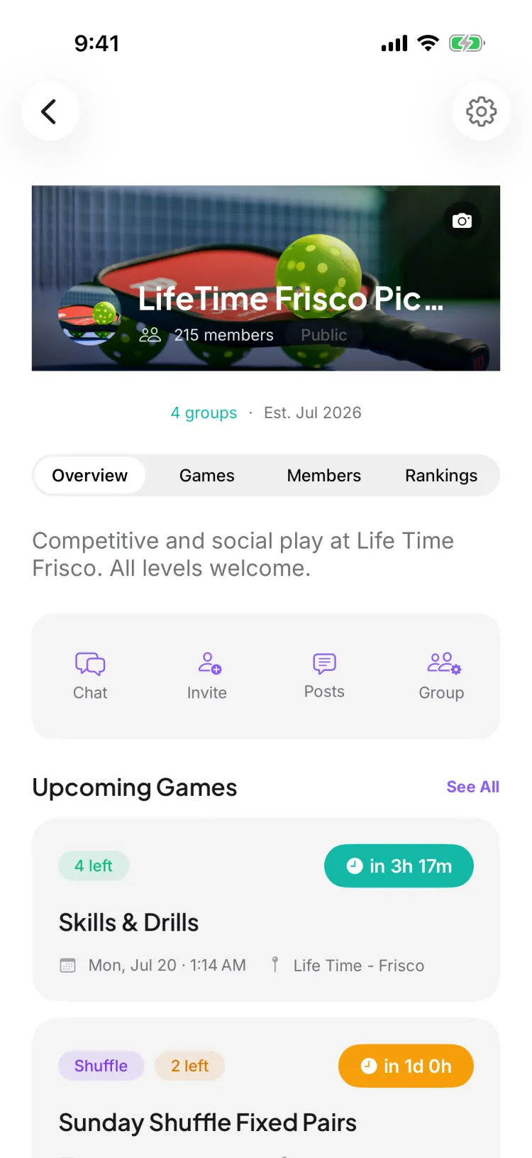 Club detail screen with the Invite action in the action row