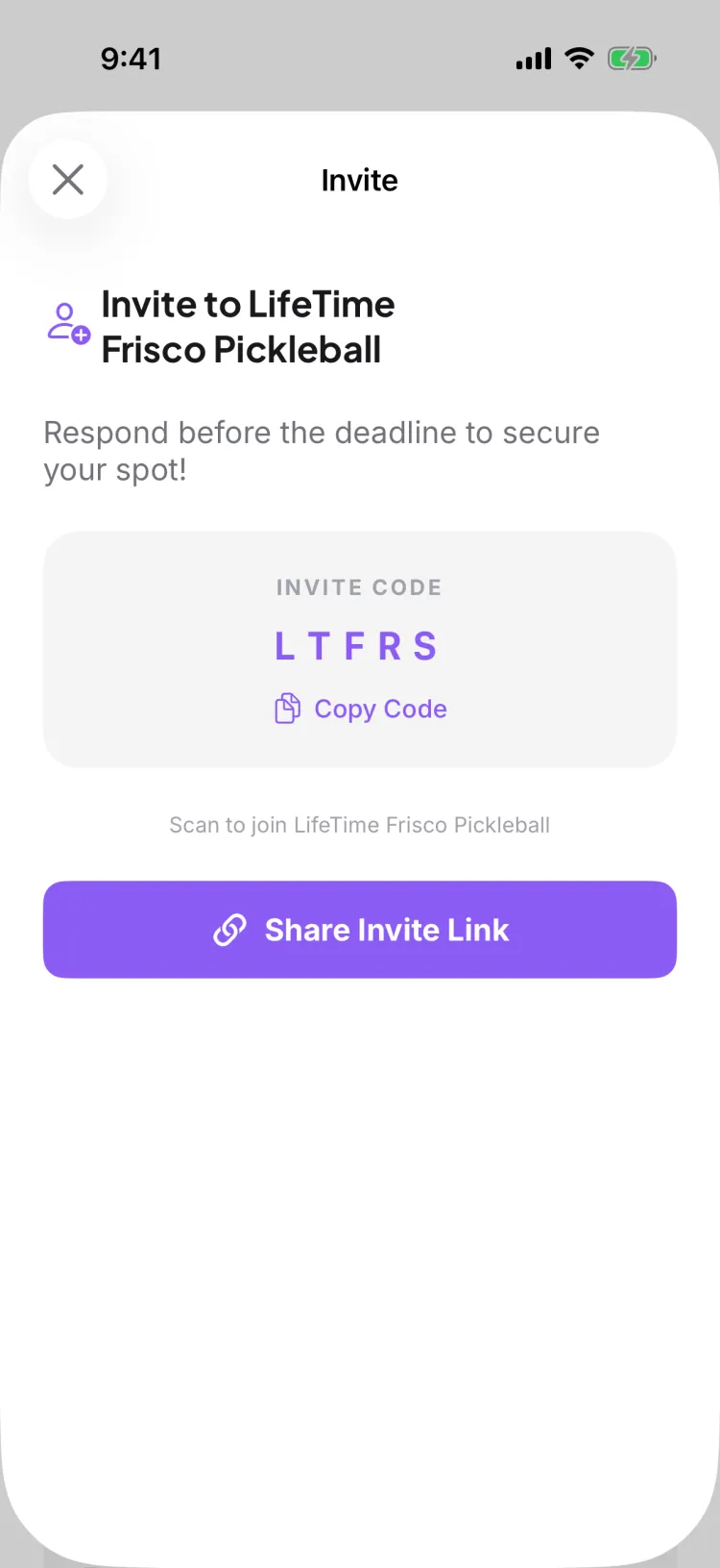 Invite screen showing the invite code, QR code, and Share Invite Link button