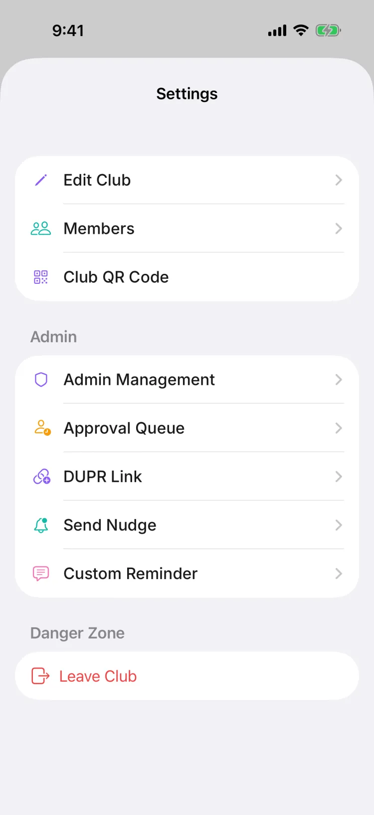 Club settings with the DUPR linking option (visible to admins)
