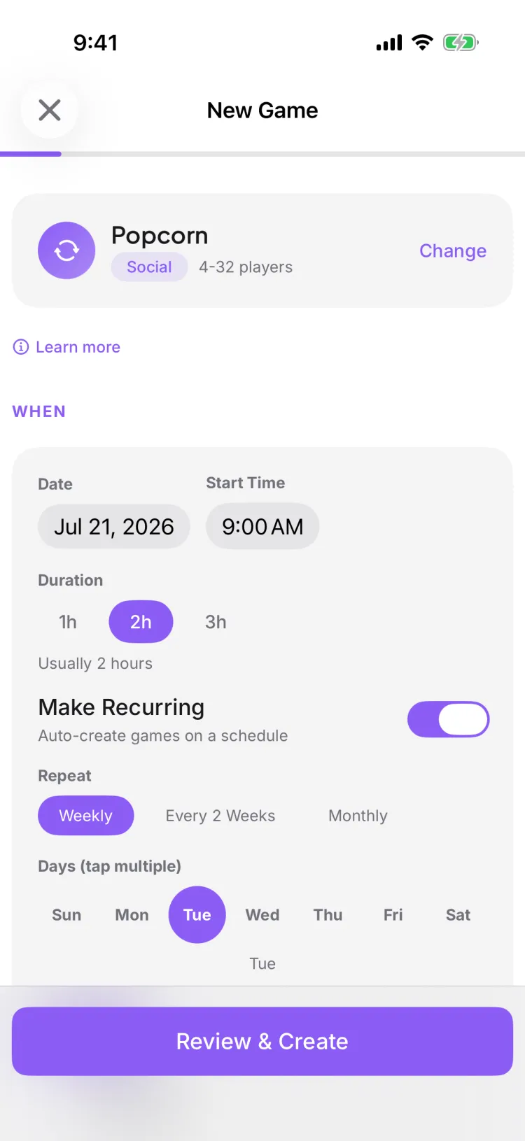 The Make Recurring toggle turned on, revealing the cadence picker