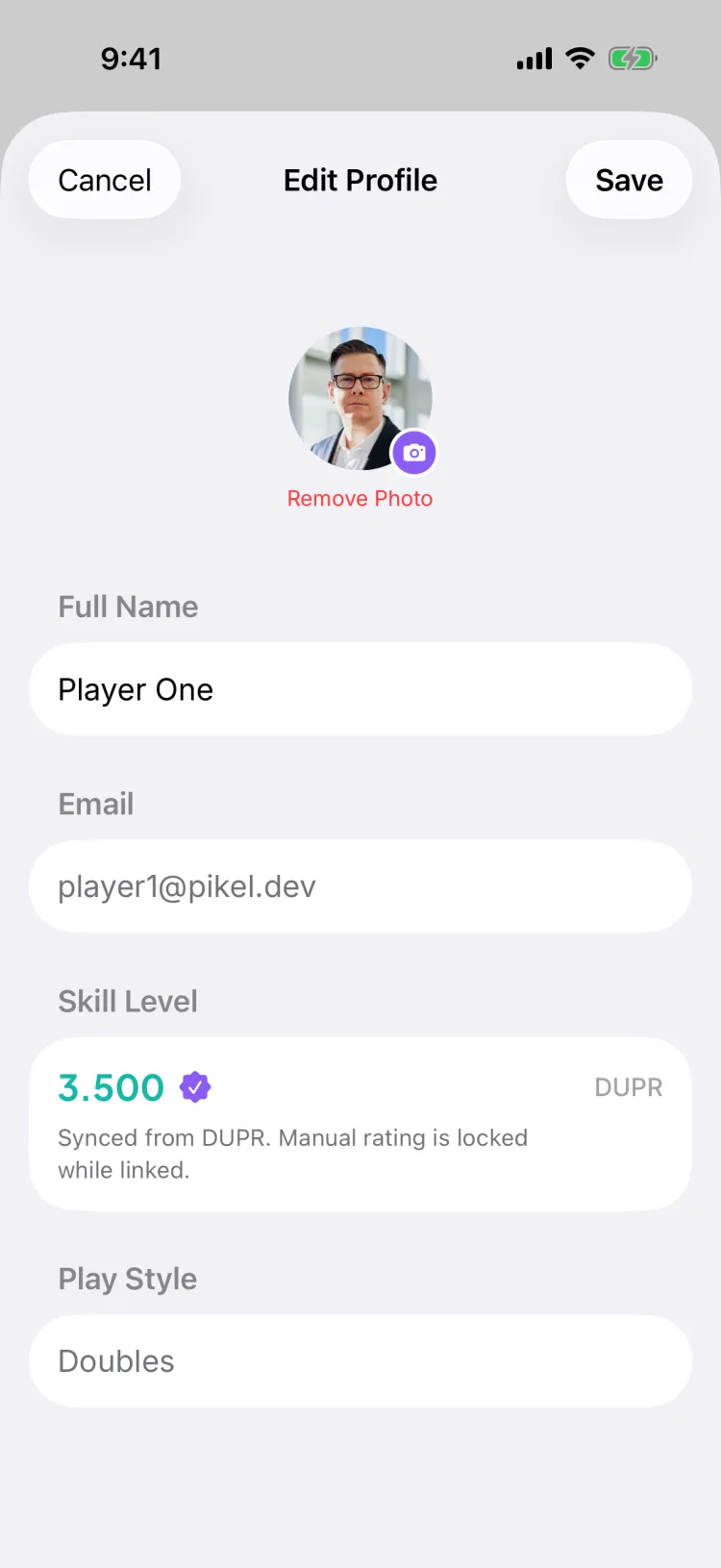 The Edit Profile sheet — display name, avatar with camera badge, read-only email, and the skill rating (here locked to a synced DUPR rating)