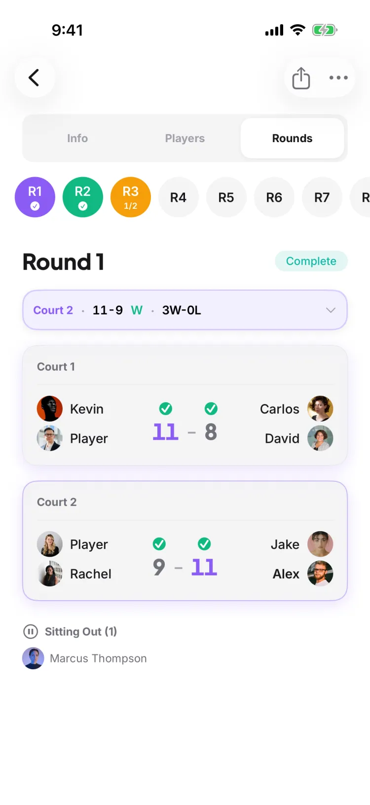 The Rounds tab showing each court's match
