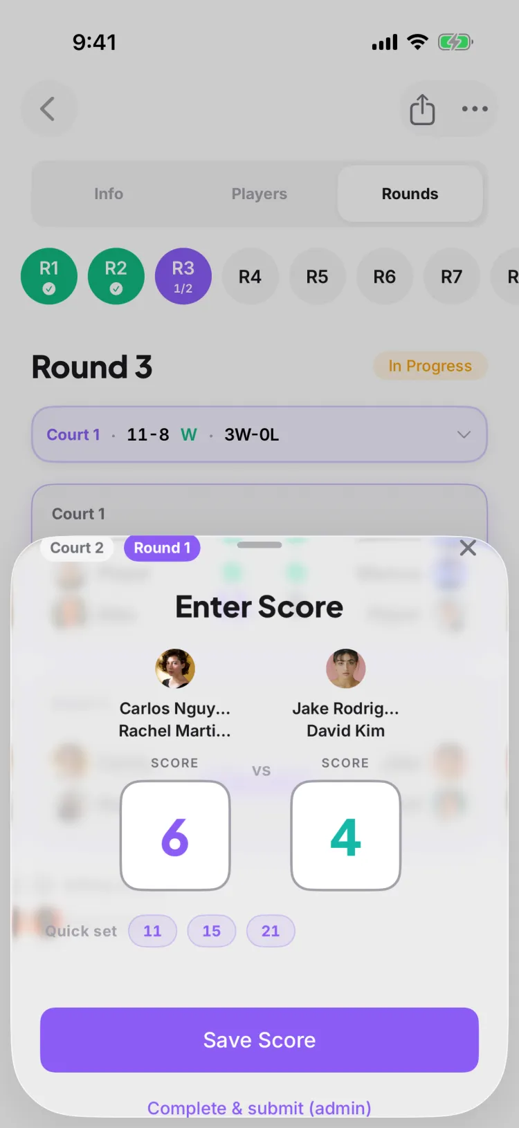 The Enter Score sheet for a match