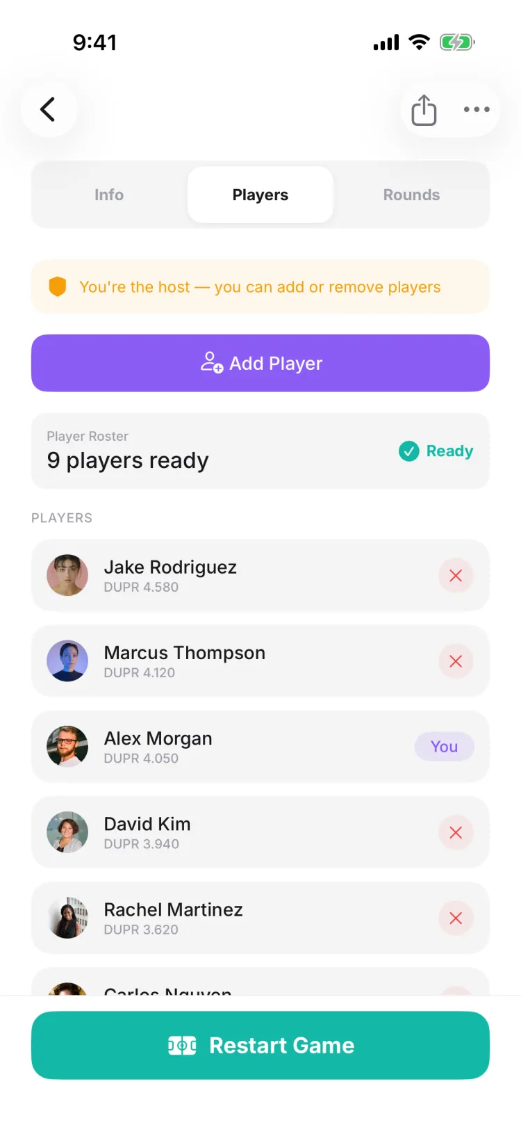 The Players roster with an Add Player button