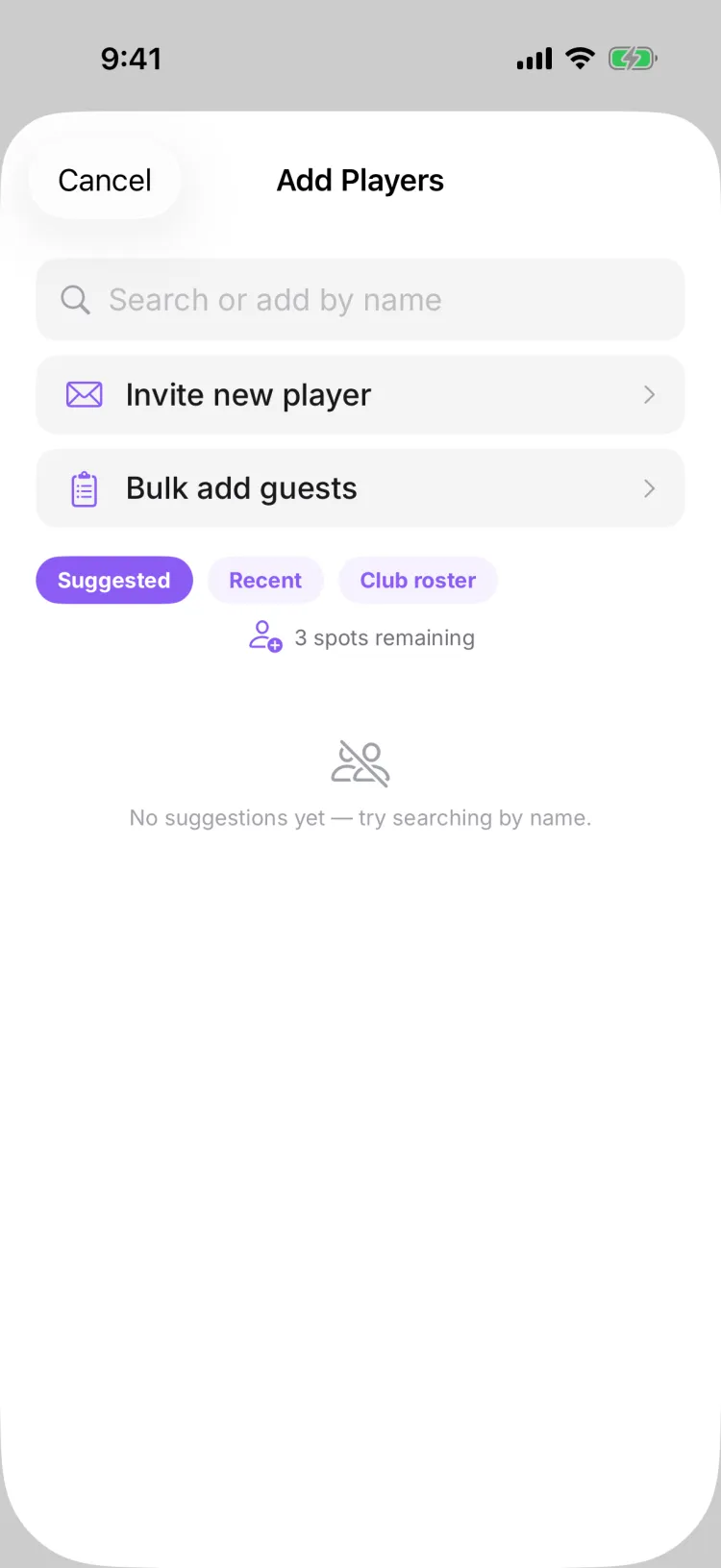 The Add Players sheet: search by name, invite, bulk-add guests, or pick from the club roster