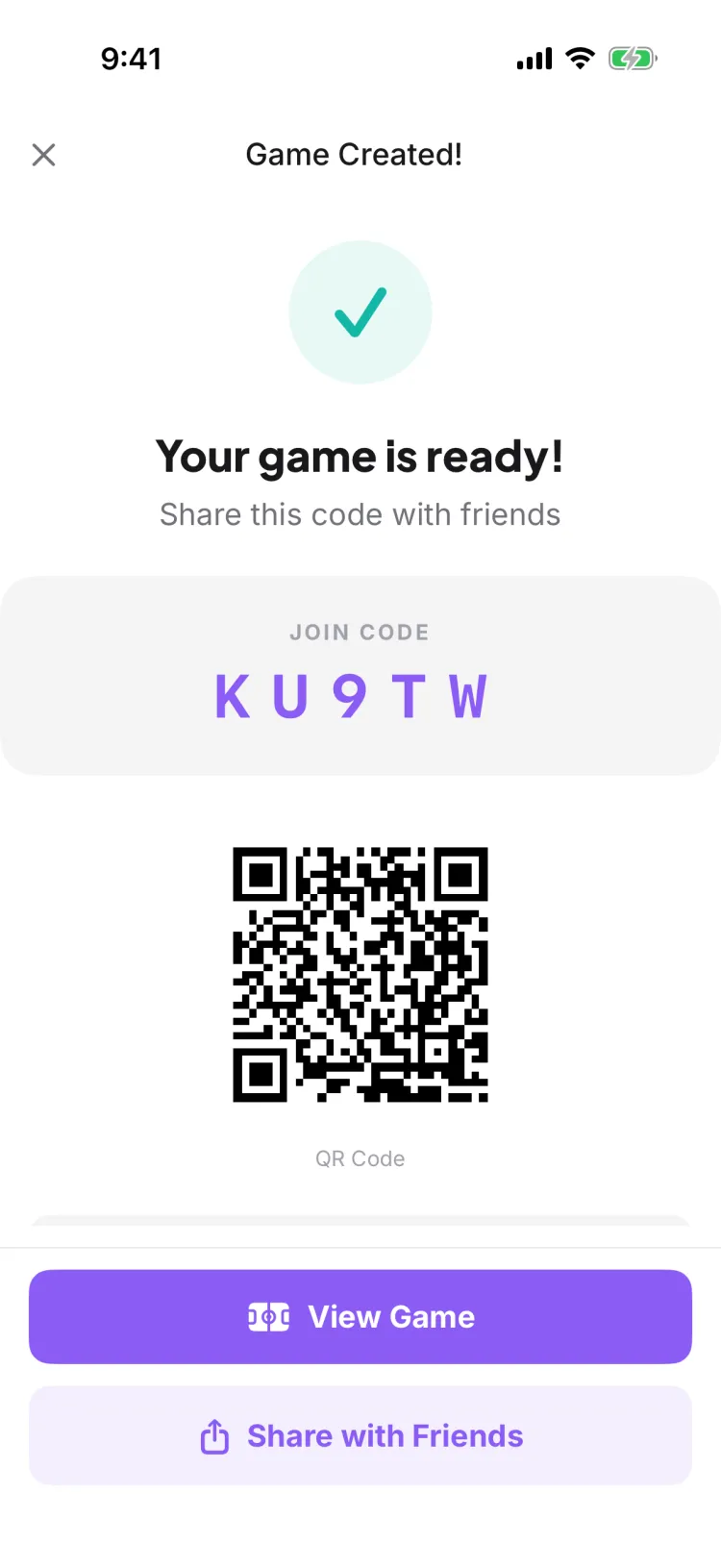 The game-created screen with a join code and QR to share