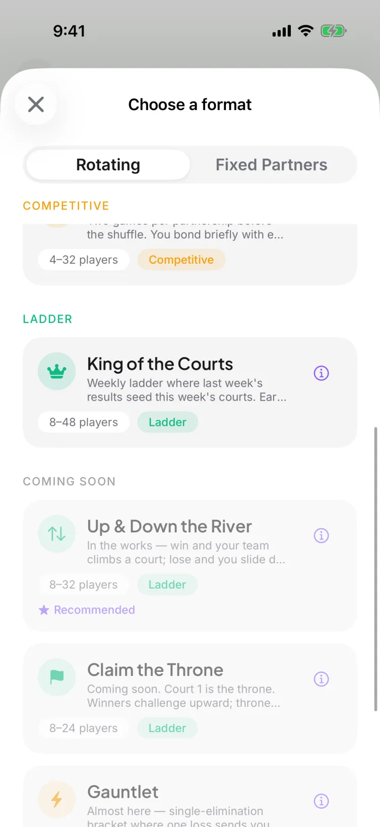 The format picker scrolled to the Ladder section with King of the Court