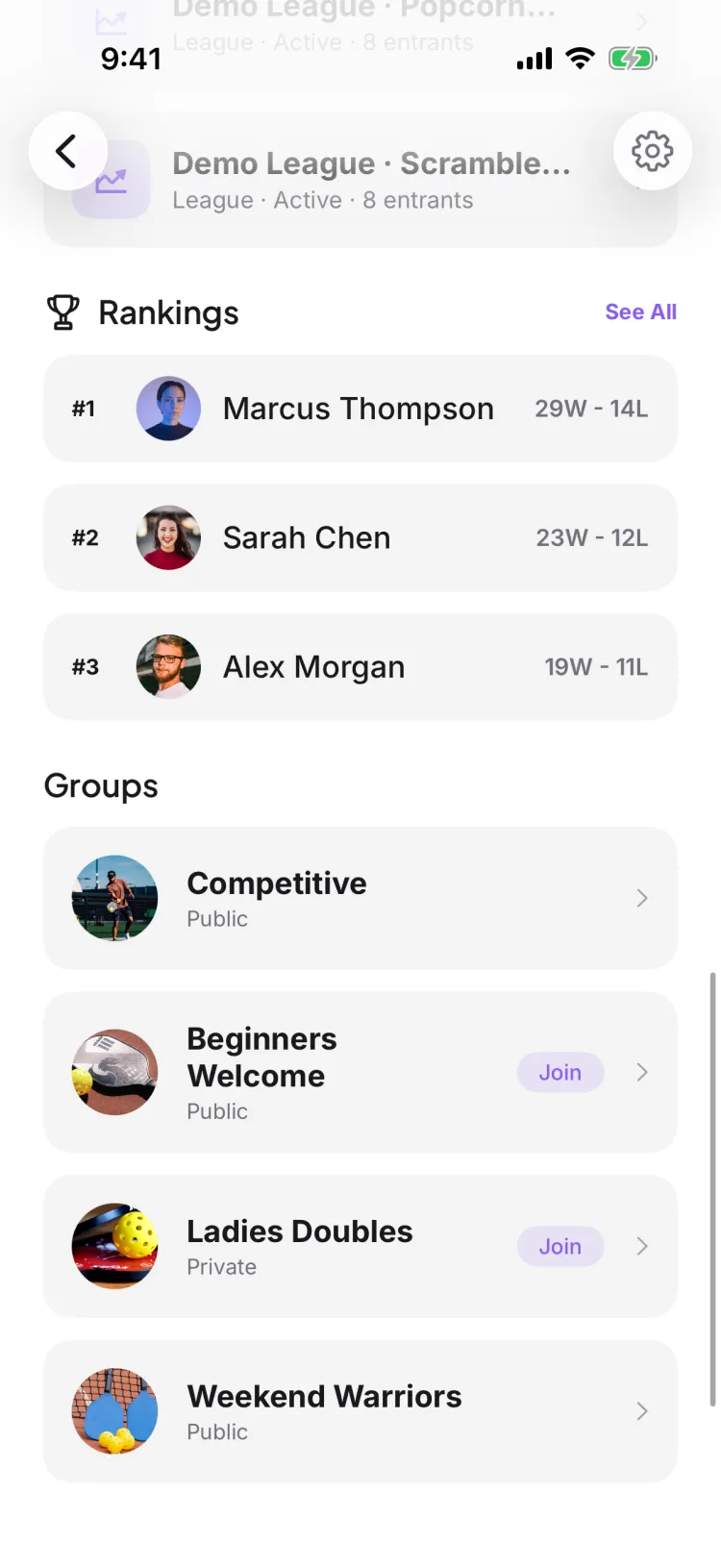 The Groups section inside a club, listing subgroups (Competitive, Beginners Welcome, Ladies Doubles, Weekend Warriors) that members join