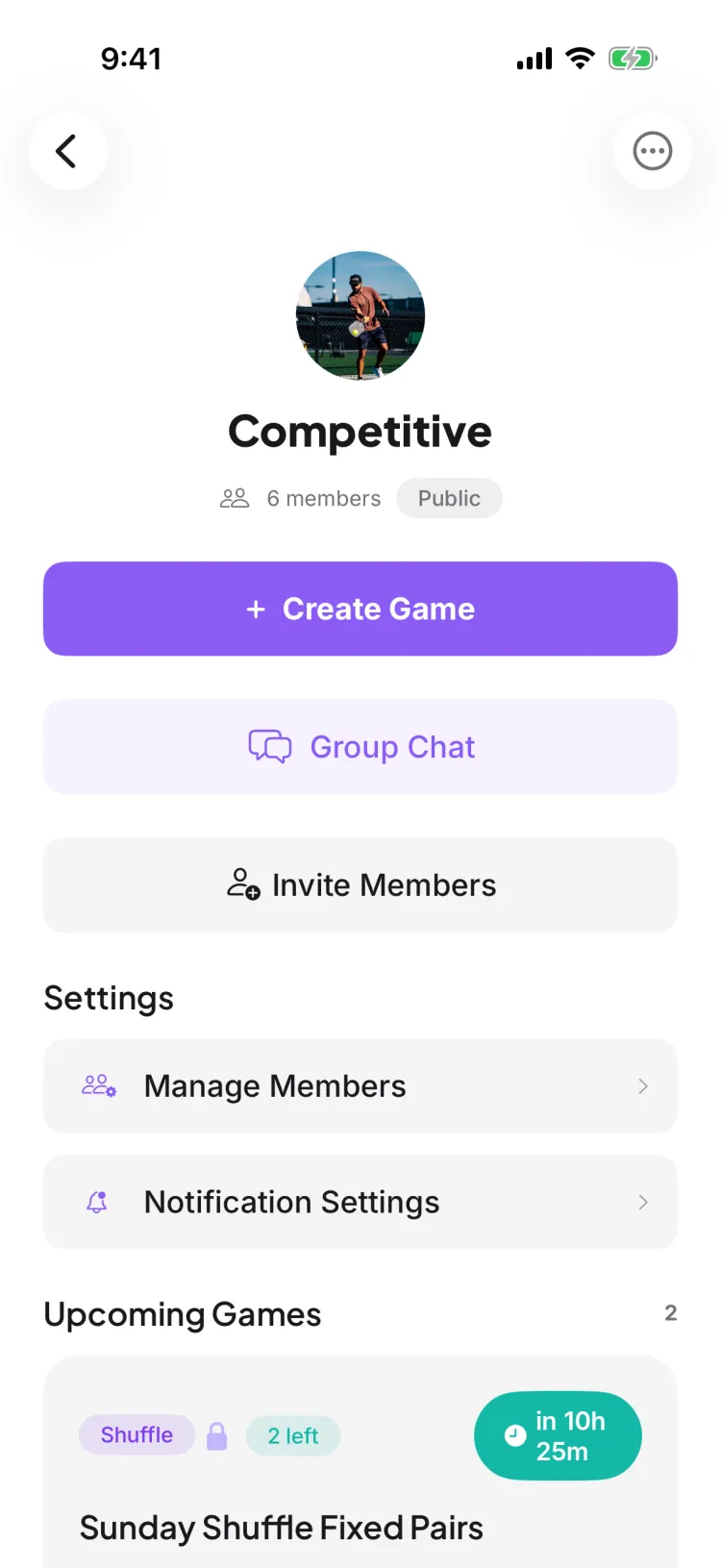 A group's detail screen with its own Create Game, Group Chat, and Notification Settings