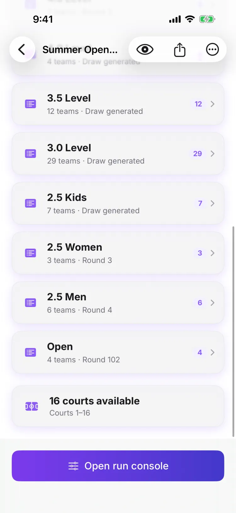 The full division lineup plus the event's court capacity — 16 courts across the tournament