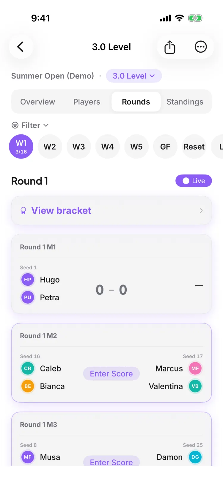 A seeded division's opening round — matchups pair high seeds against low (Seed 1, Seed 8 vs Seed 25, Seed 16 vs Seed 17), the seeding expressed as the draw