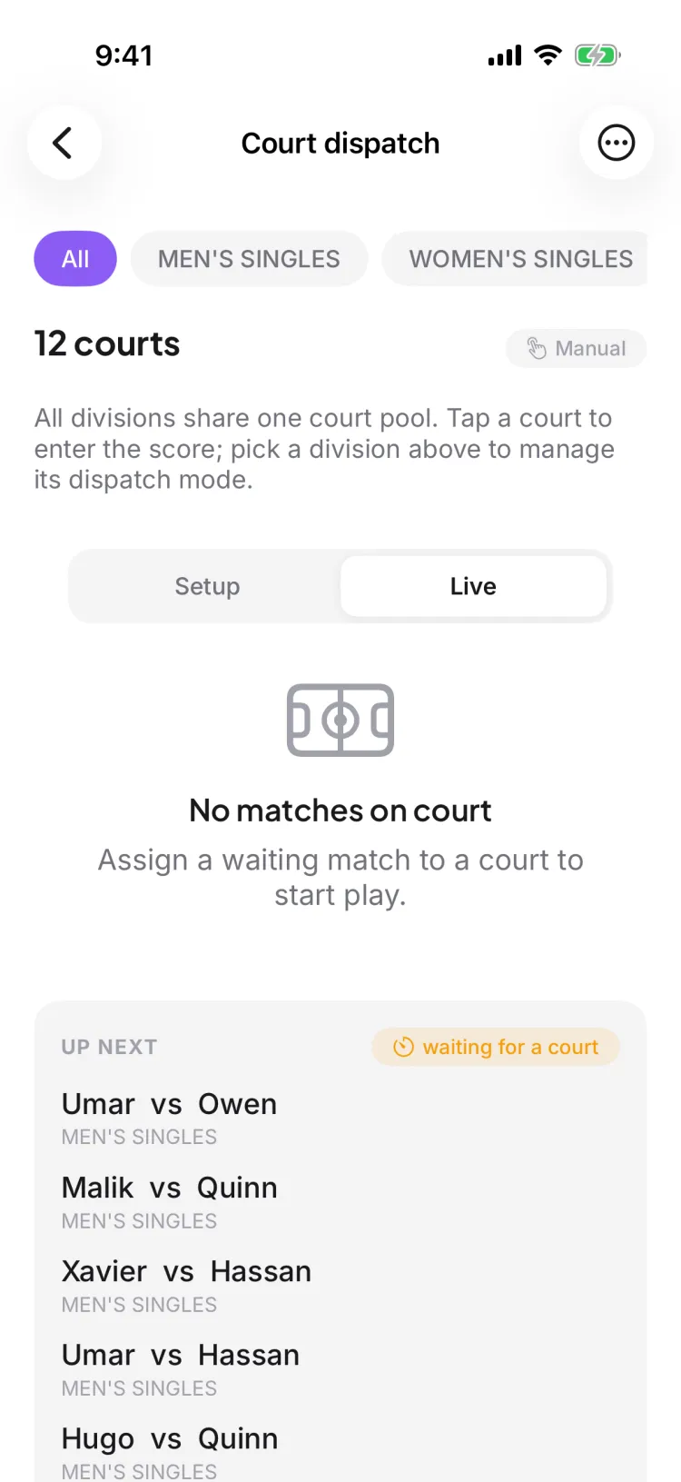 The Court dispatch board with 12 courts and an Up Next queue of matches waiting to be sent out