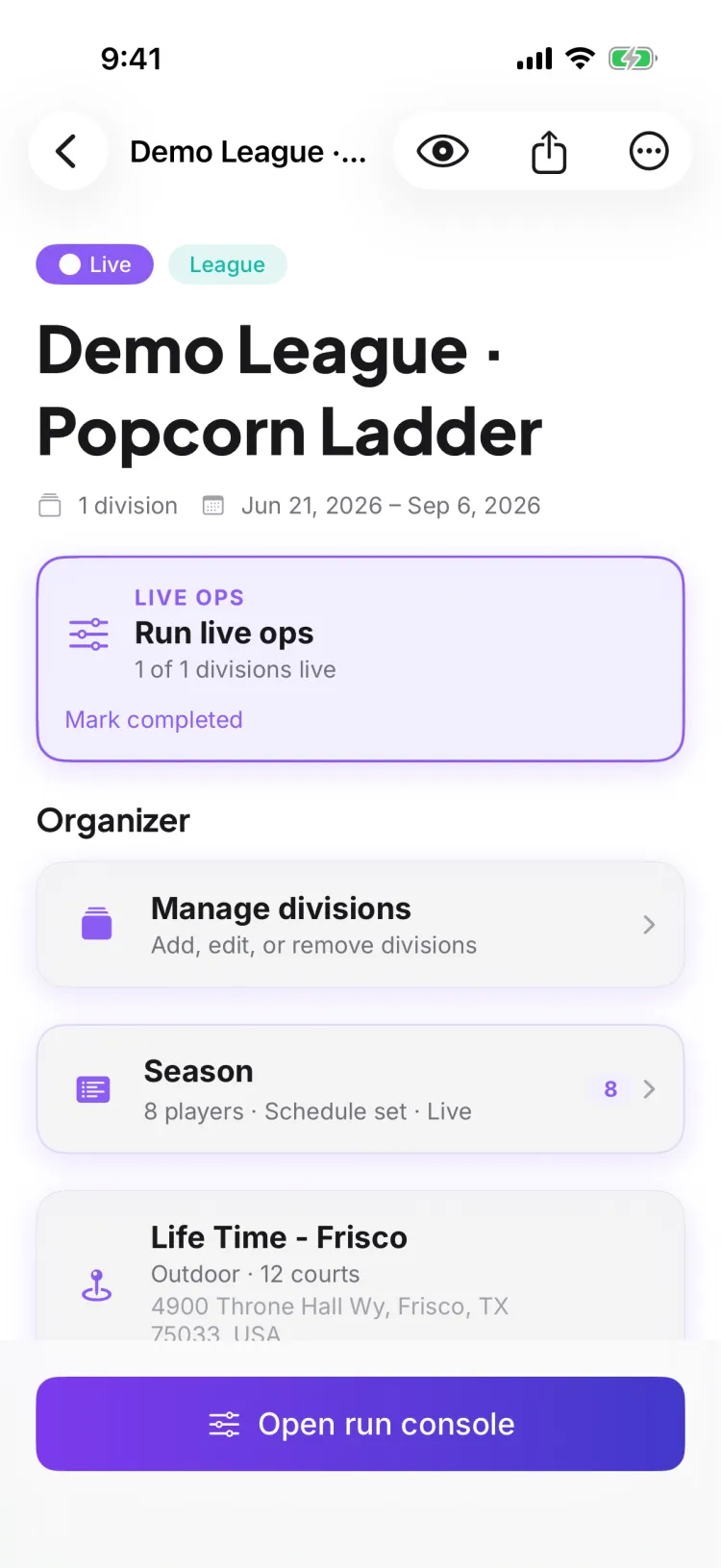 A league's Competition Hub — the organizer console with divisions, season, and run controls