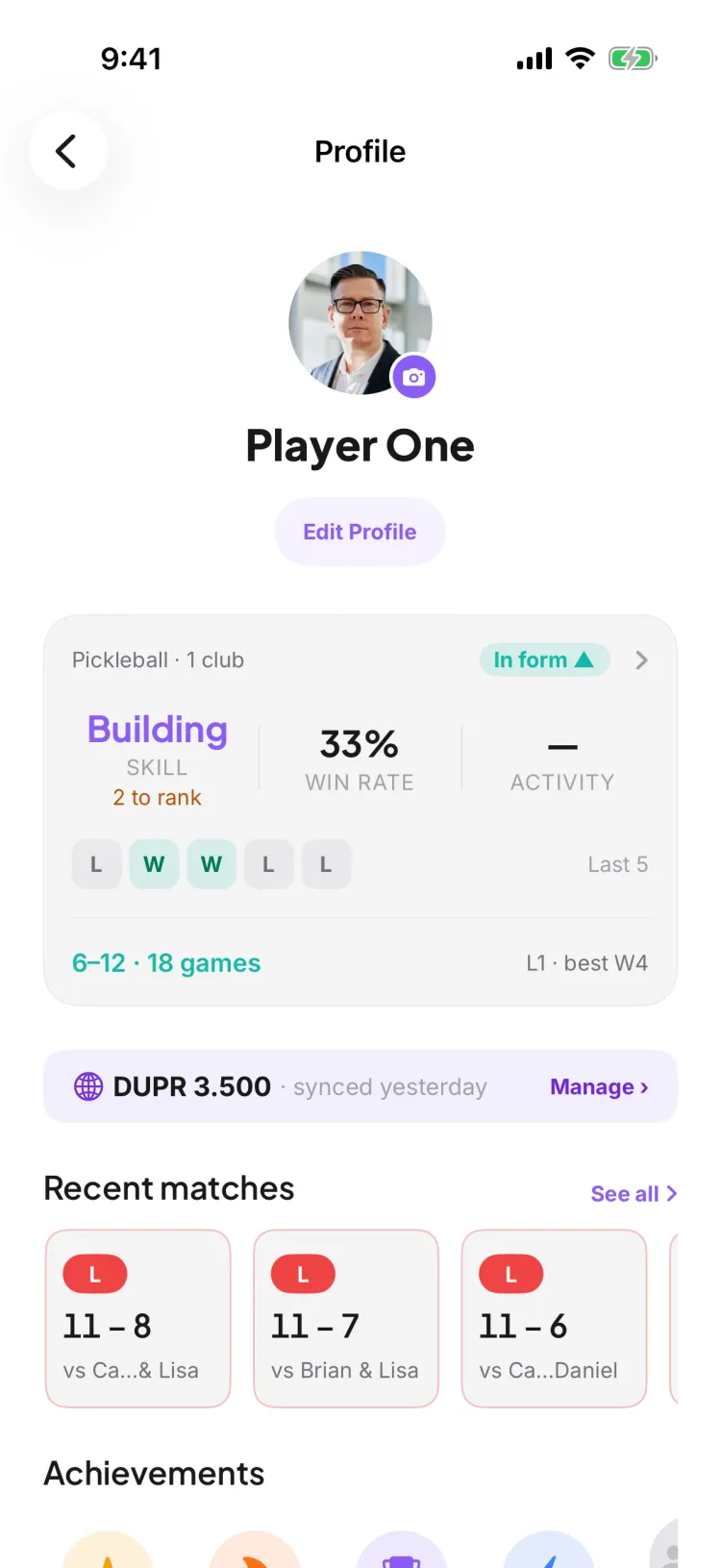 A Pikel profile with the DUPR rating card — rating and last sync, with a Manage link