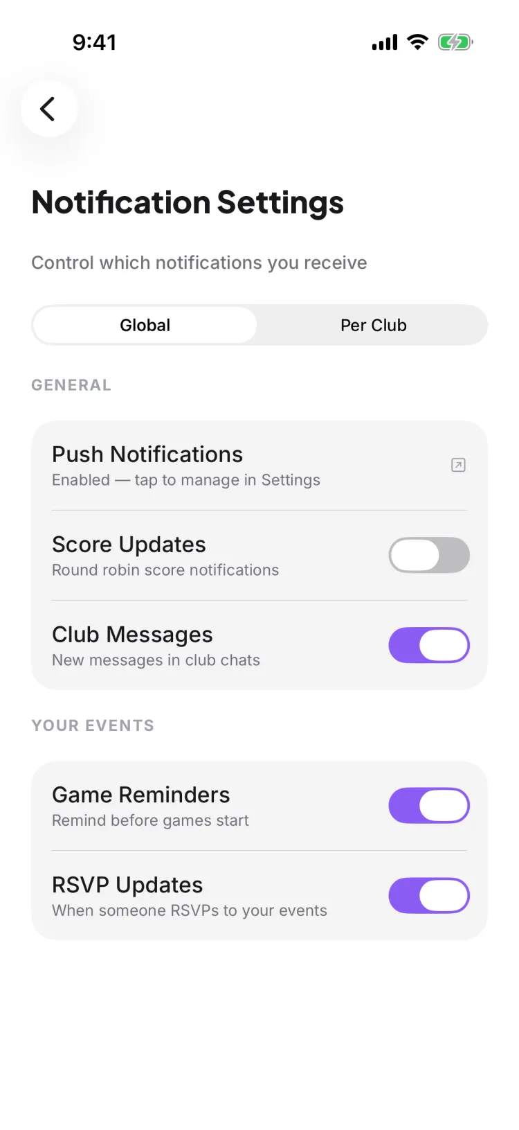Notification Settings on the Global tab — the Push Notifications master switch under GENERAL, plus the Score Updates, Club Messages, Game Reminders, and RSVP Updates toggles grouped into GENERAL and YOUR EVENTS