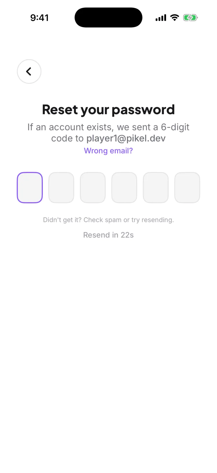 The Reset your password screen — the privacy-safe 'If an account exists, we sent a 6-digit code to…' line, a Wrong email? link, six code-entry boxes, and a resend countdown