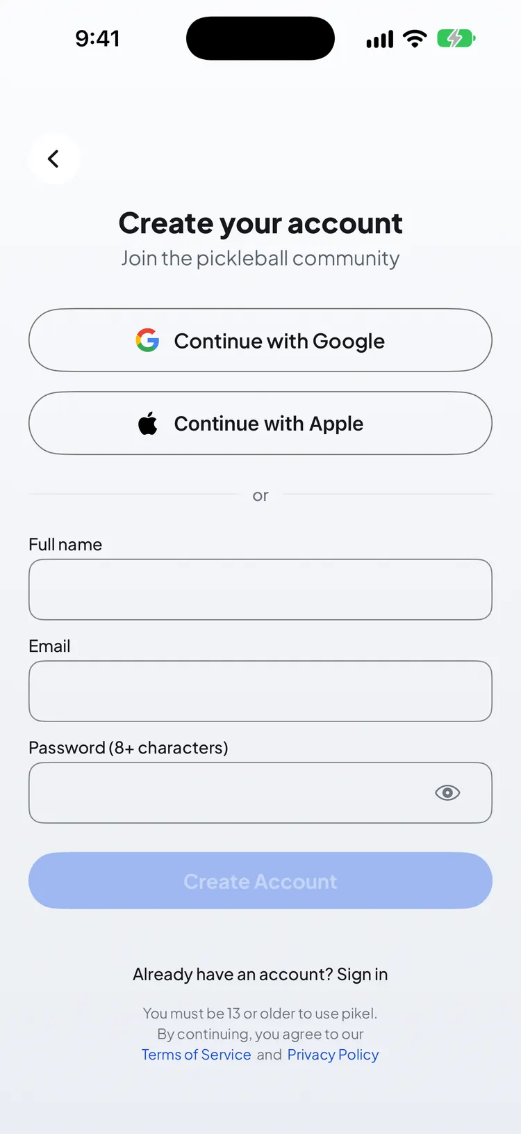 The Create your account screen with Continue with Google, Continue with Apple and an email sign-up form