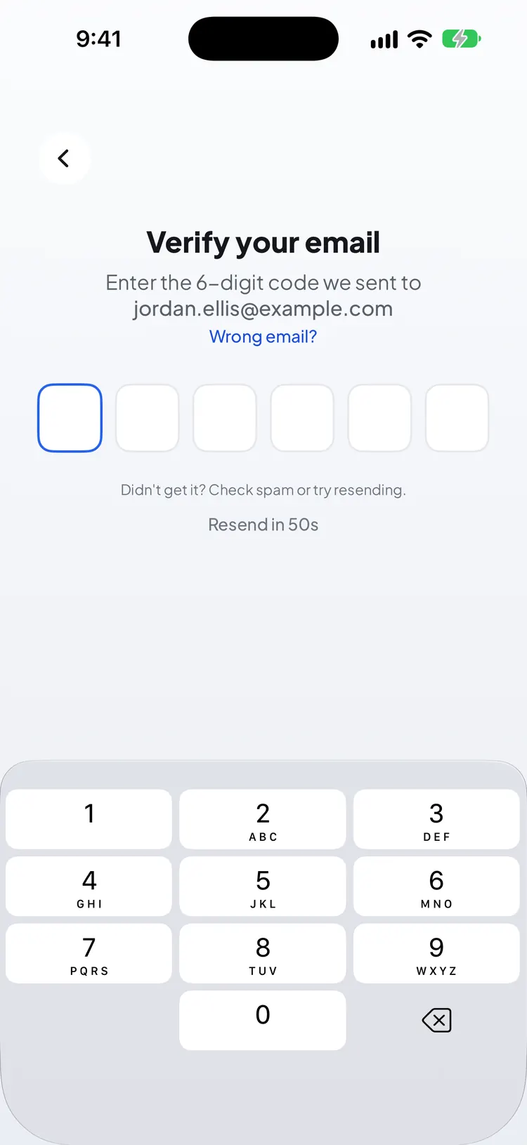 The Verify your email screen with six code boxes, a resend countdown and a Wrong email? link