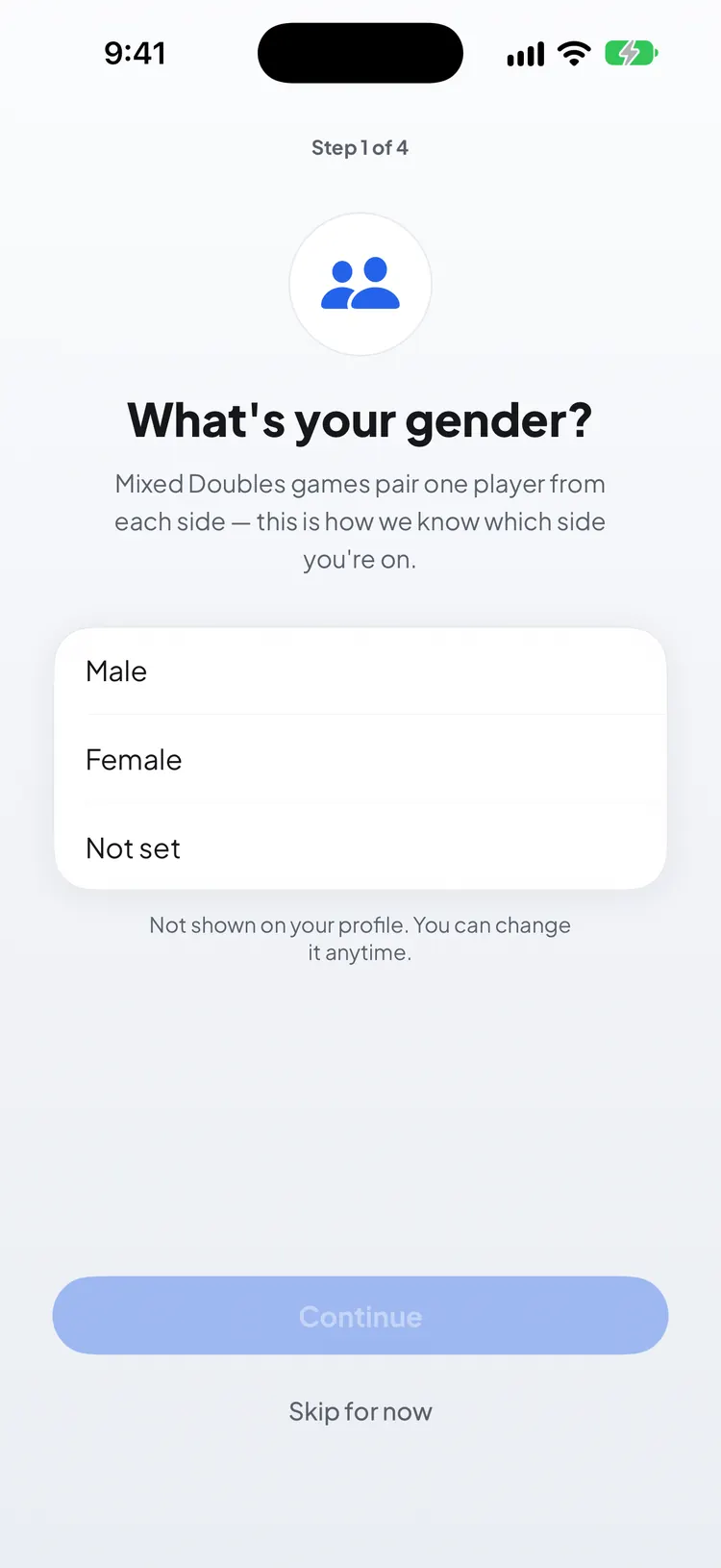 The first setup step asking for your gender, with a Skip for now button at the bottom