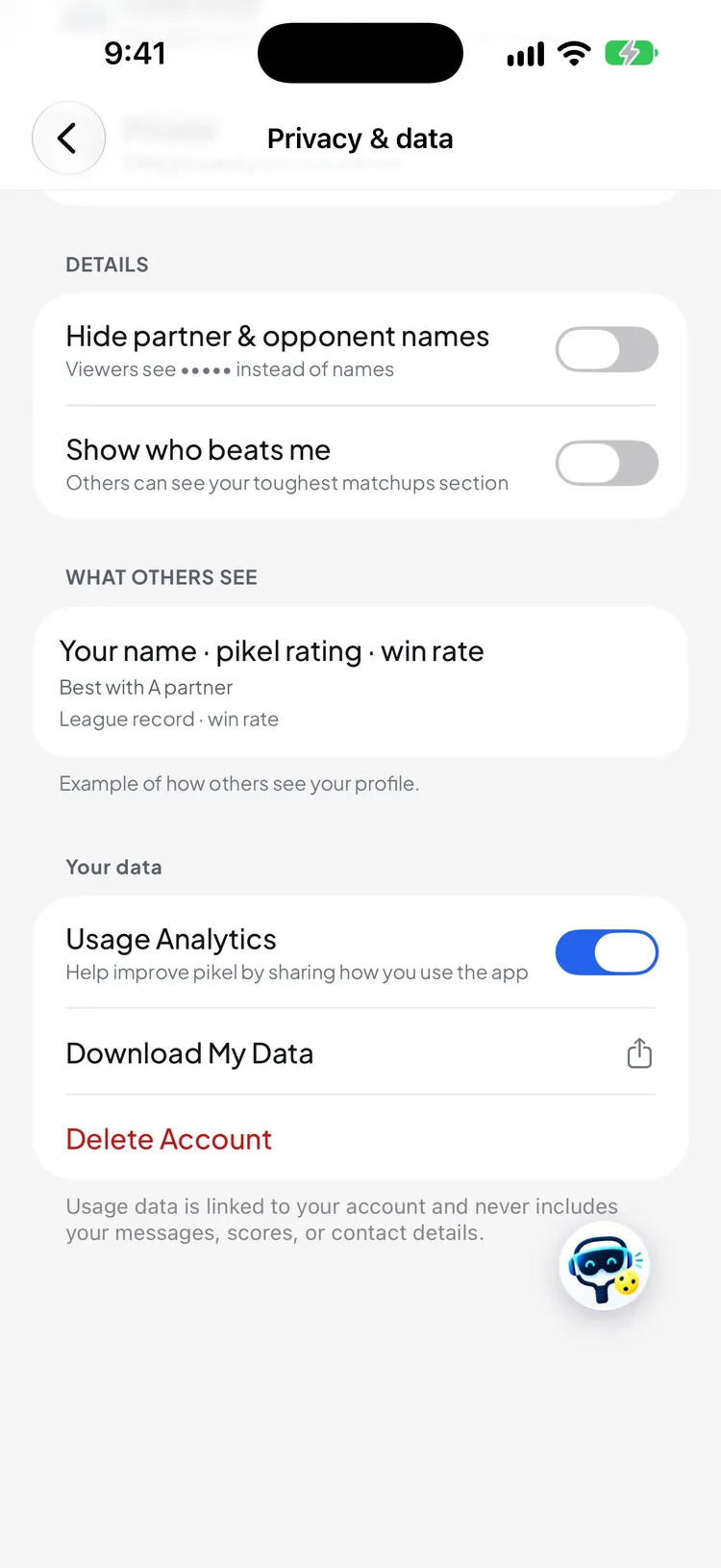The Privacy & data screen with Download My Data just above a red Delete Account row