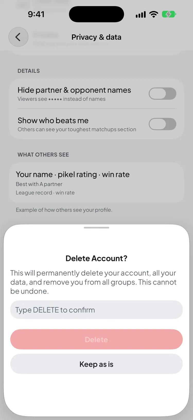 The Delete Account? sheet with a Type DELETE to confirm field, a disabled Delete button and Keep as is
