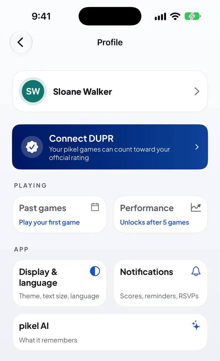 The Profile screen with the name card at the top, a Connect DUPR card, and tiles for Playing and App