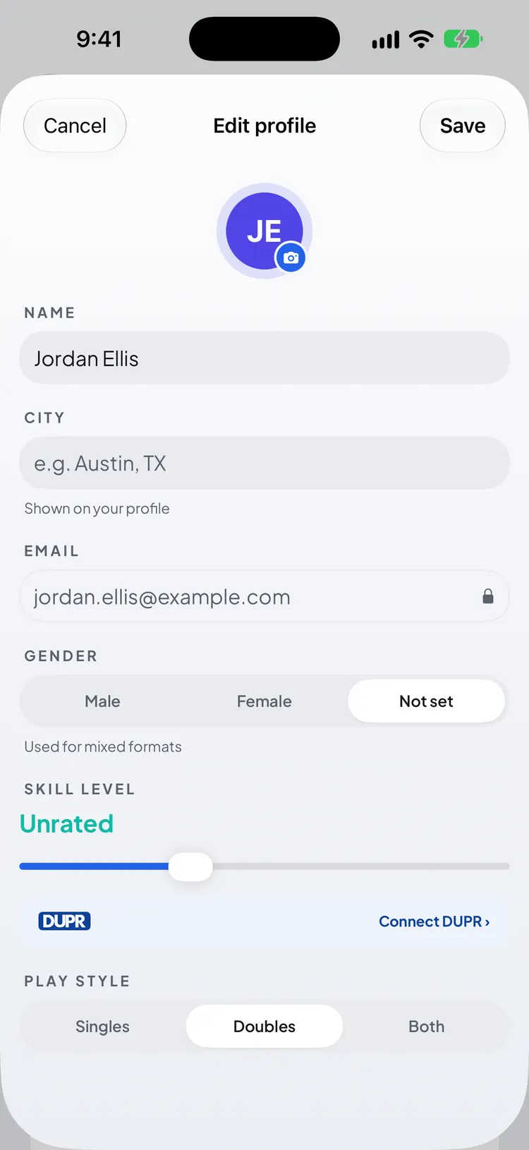 Edit profile with Name, City, a locked Email, Gender, the Skill level slider, a DUPR row and Play style