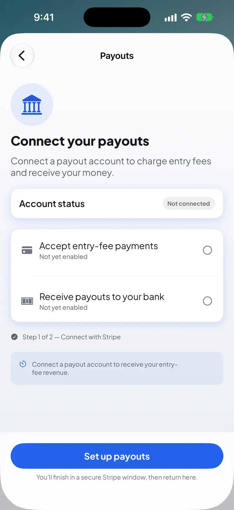 The Payouts screen: Connect your payouts, account status Not connected, and a Set up payouts button that opens Stripe