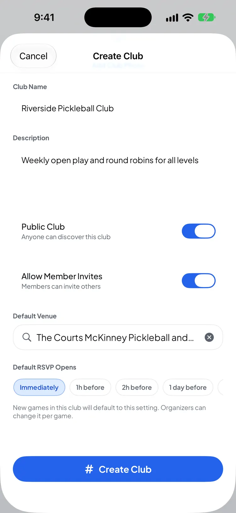 Create Club filled in for Riverside Pickleball Club: Public Club and Allow Member Invites on, a default venue picked