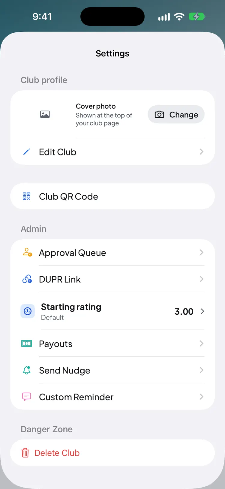A new club's settings: Edit Club, Club QR Code, and Admin tools such as Approval Queue, DUPR Link and Payouts