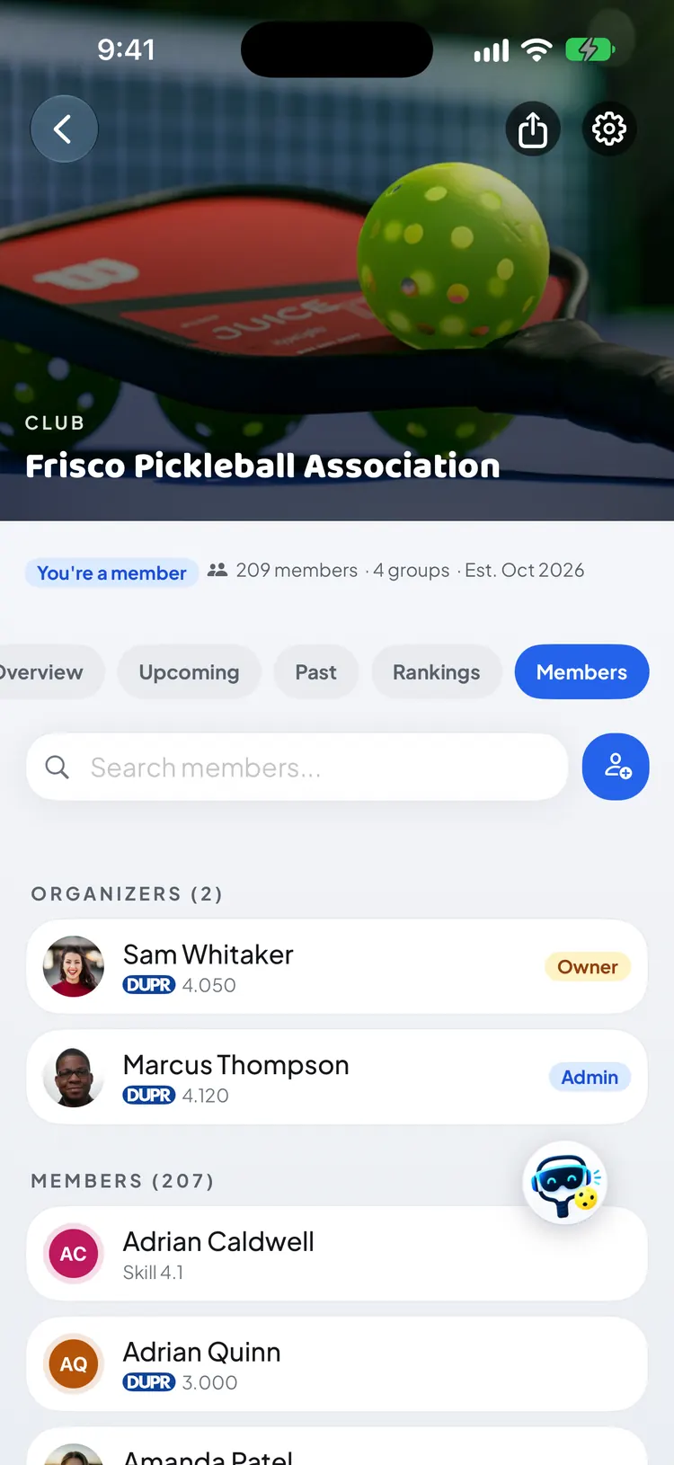 A club's Members tab with Organizers and Members, and the invite button next to the search box