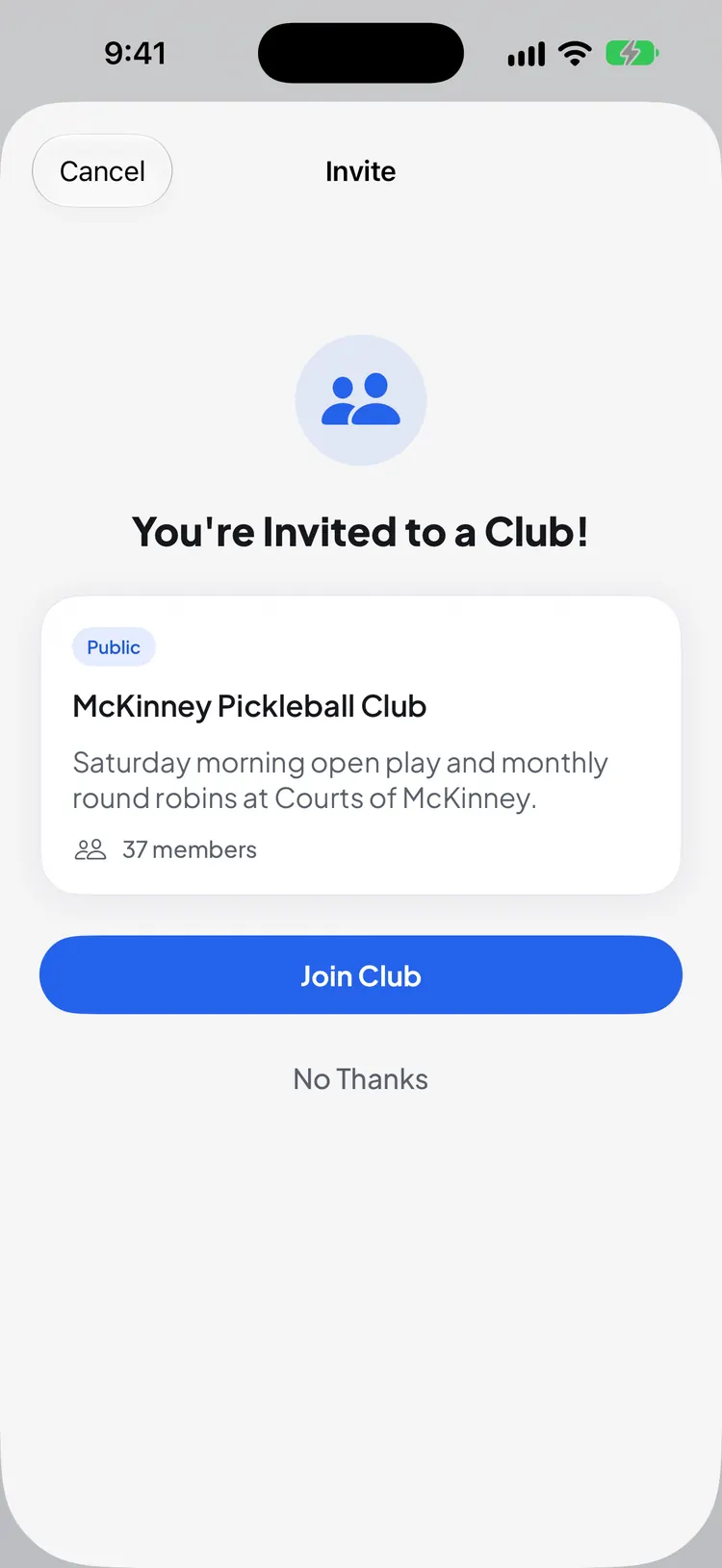 The You're Invited to a Club! preview with a Public badge, the club's description, its member count and a Join Club button