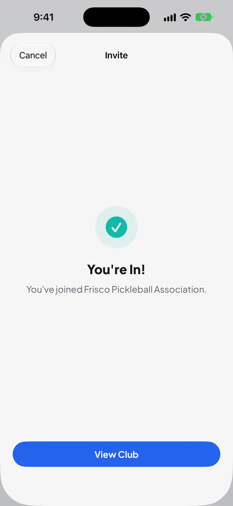 The You're In! confirmation after joining a club, with a View Club button