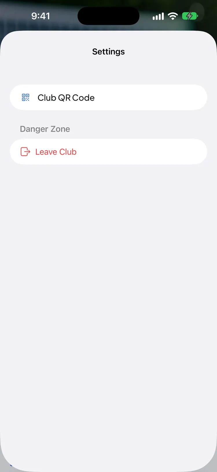 A member's club settings with Club QR Code and, under Danger Zone, a red Leave Club row