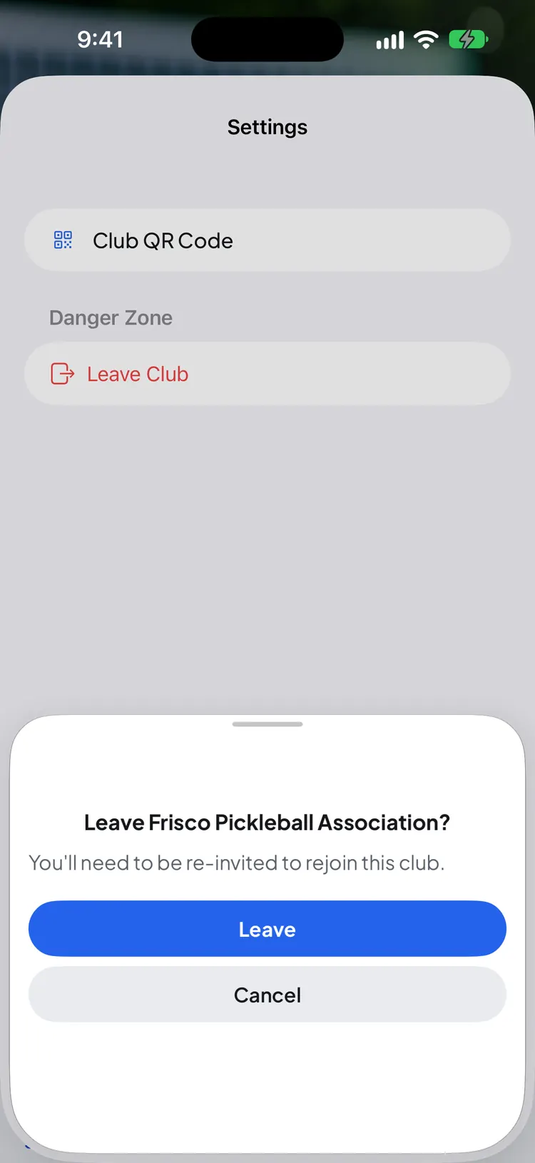 The leave confirmation: you'll need to be re-invited to rejoin this club, with Leave and Cancel buttons