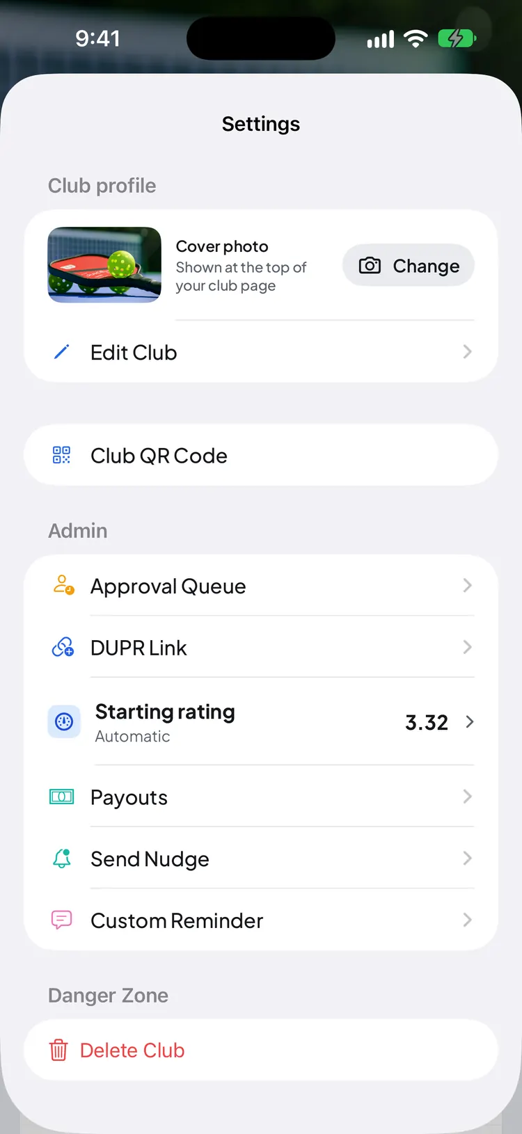 A club's settings: Club profile, Club QR Code, and under Admin the Approval Queue, DUPR Link, Starting rating and Payouts