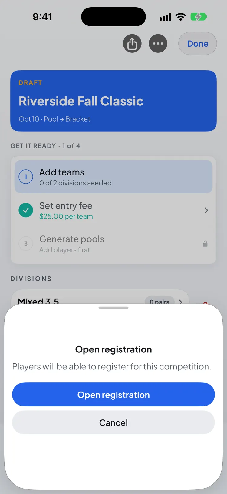 The Open registration confirmation: players will be able to register for this competition
