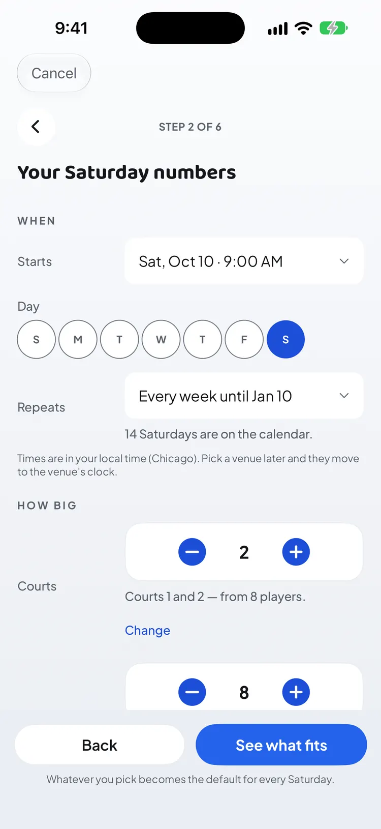 The league schedule step: Saturdays at 9:00 AM, every week until Jan 10, 14 Saturdays on the calendar, 2 courts