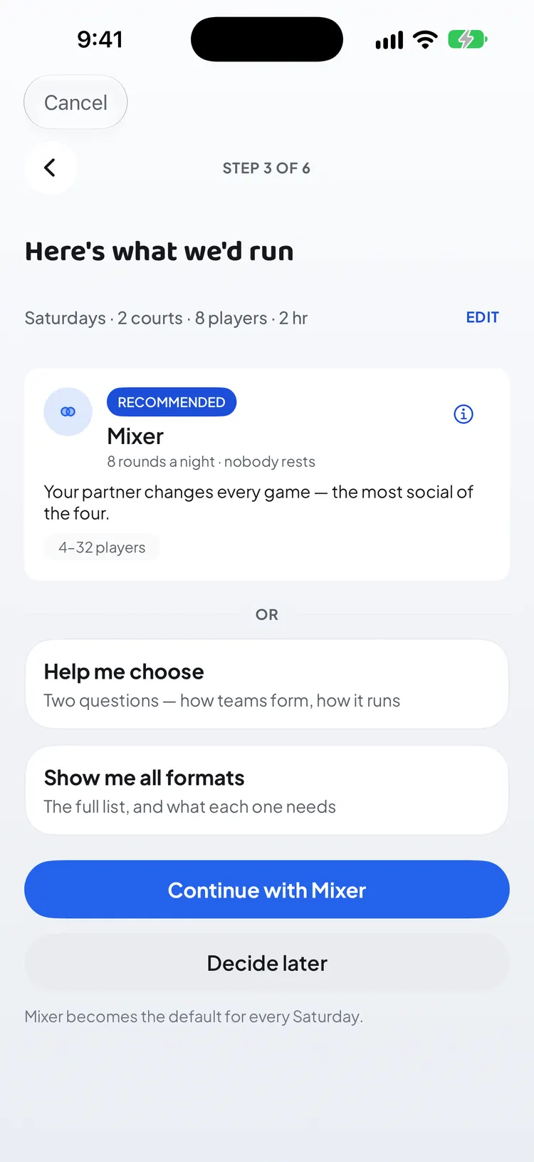 The format step recommending Mixer, with Help me choose, Show me all formats and Decide later