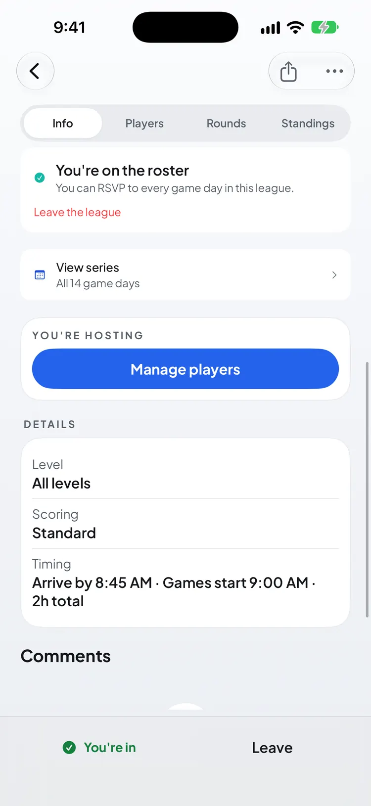 A game day's Info tab: You're on the roster with Leave the league, View series of 14 game days, and Manage players