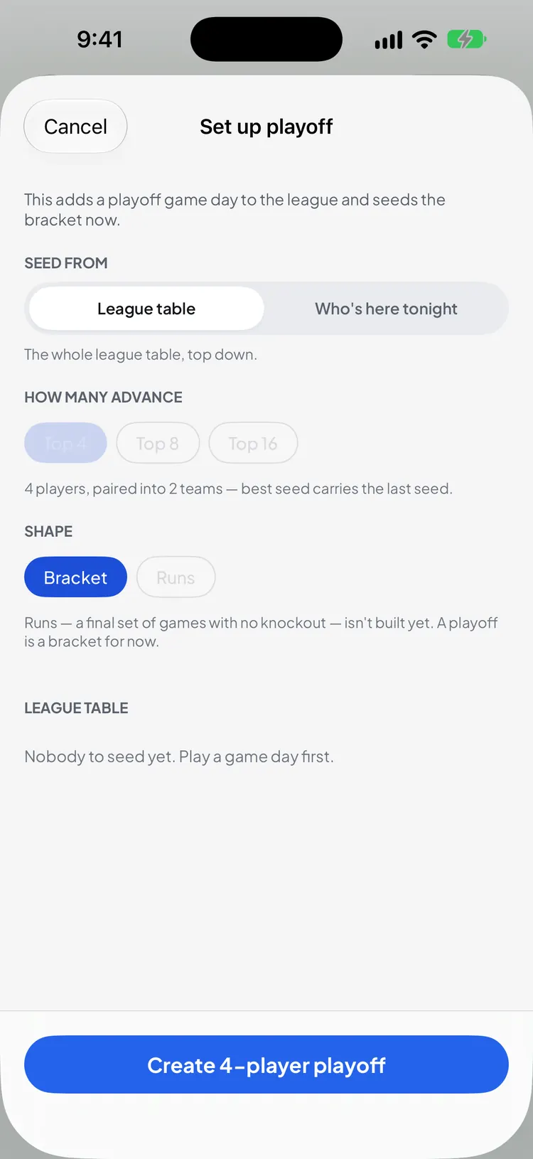 Set up playoff: seed from the league table or who's here tonight, choose how many advance, and a bracket shape