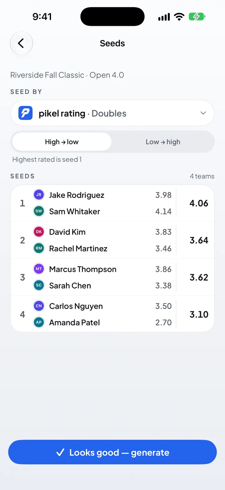 The Seeds screen: seed by Pikel rating, high to low, four pairs with their combined ratings, and Looks good — generate