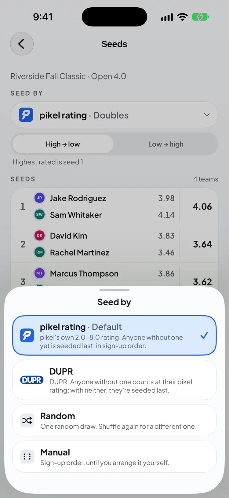 The Seed by choices: Pikel rating (the default), DUPR, Random and Manual